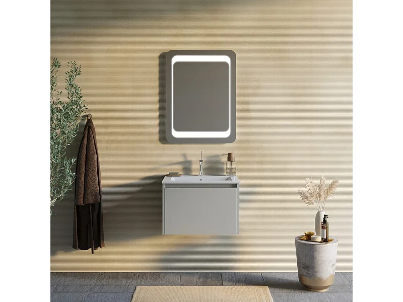 Armoire De Salle De Bain 60Cm Couleur Sable, Lavabo Et Miroir 60X80 | Monaco