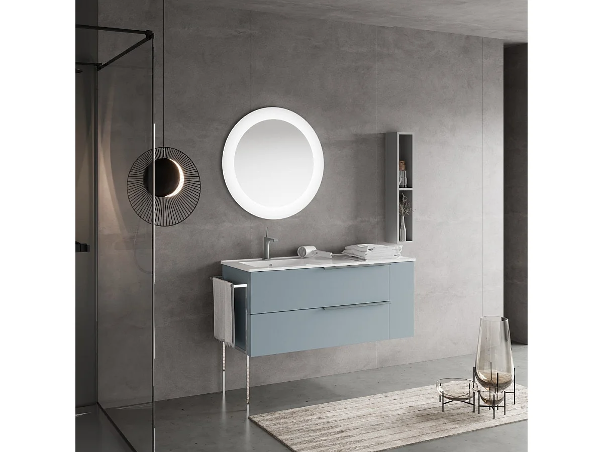 Meuble Salle De Bain Mural 120Cm Bleu Clair, 2 Tiroirs, Porte-Serviettes Chromé | New York