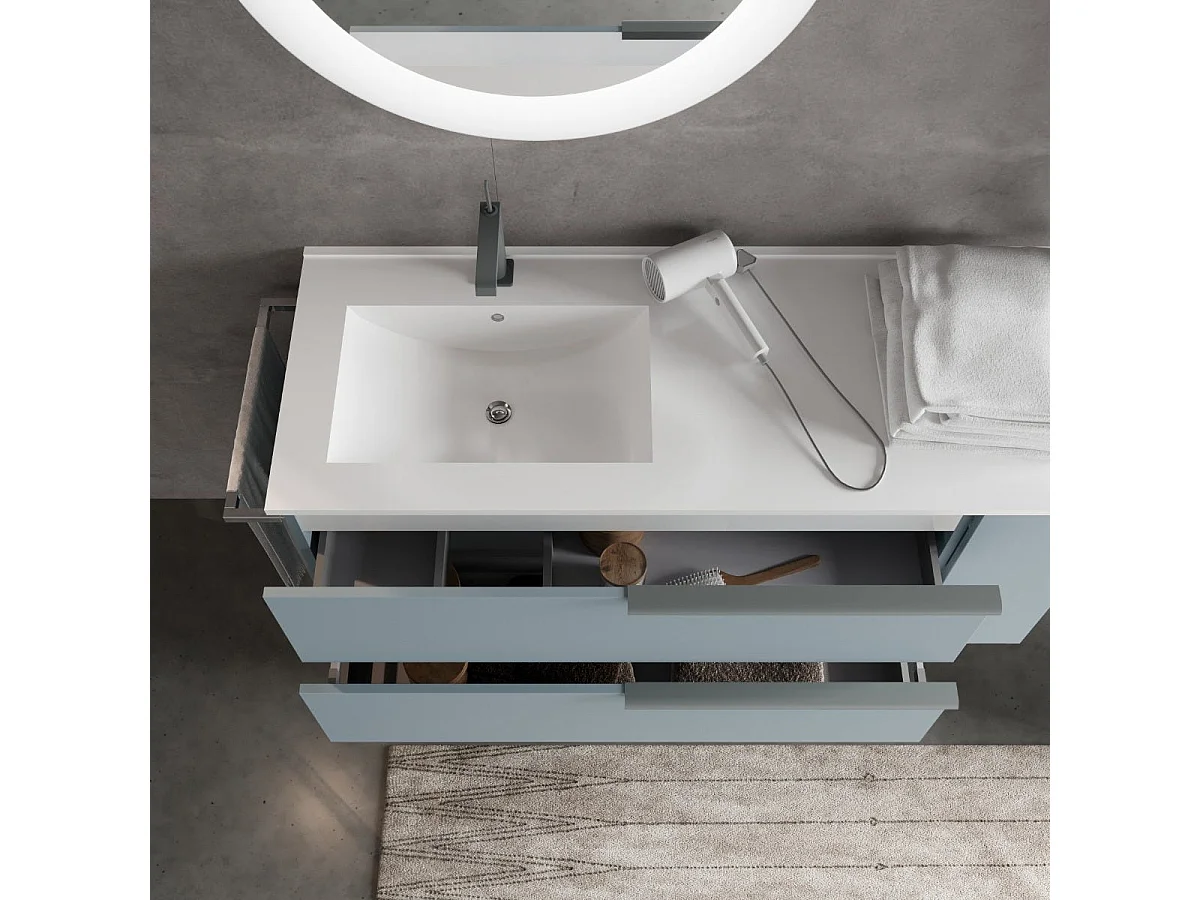 Meuble Salle De Bain Mural 120Cm Bleu Clair, 2 Tiroirs, Porte-Serviettes Chromé | New York