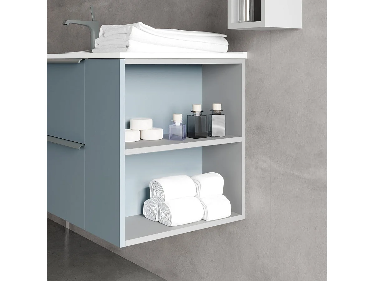 Meuble Salle De Bain Mural 120Cm Bleu Clair, 2 Tiroirs, Porte-Serviettes Chromé | New York