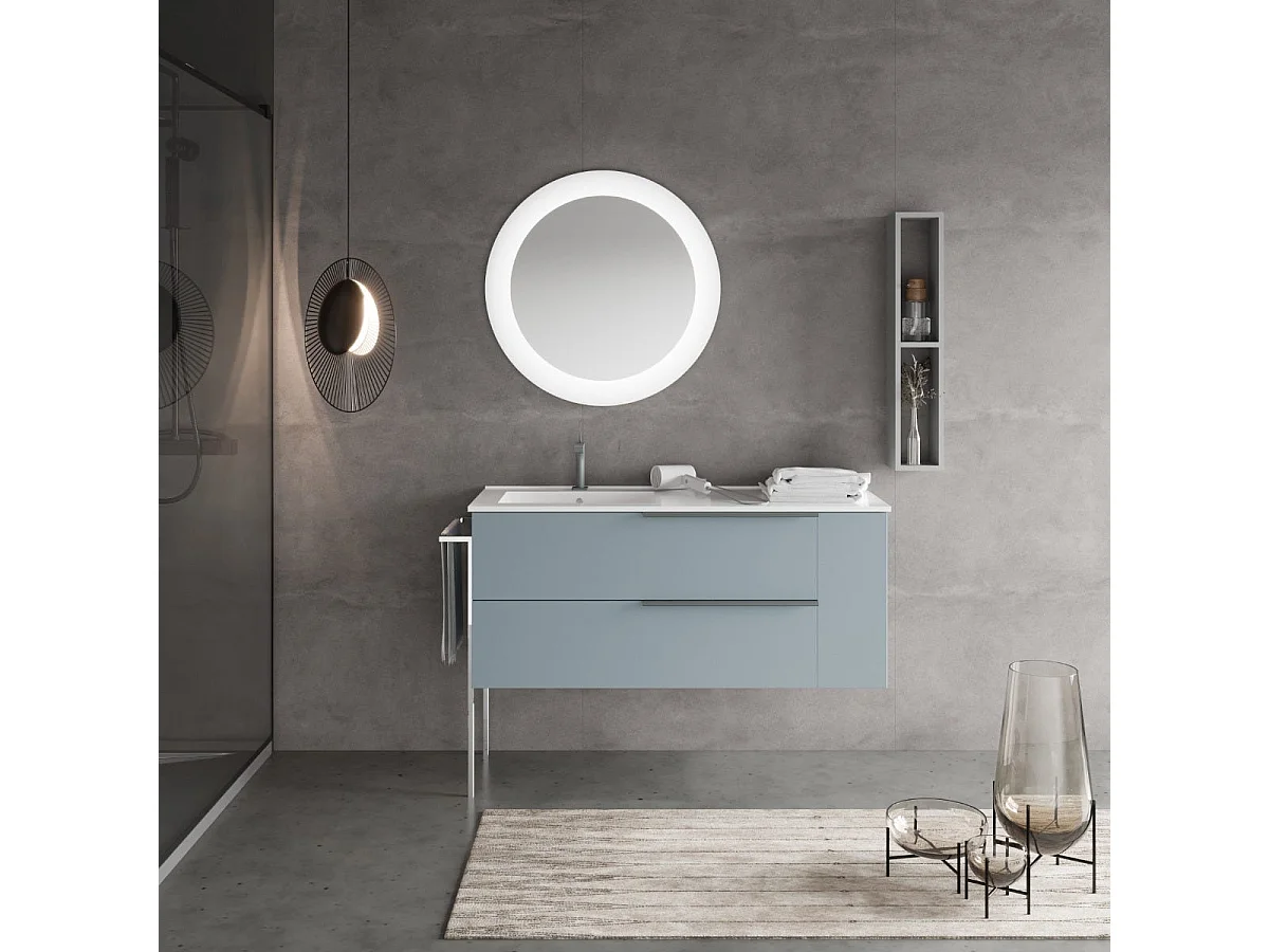 Meuble Salle De Bain Mural 120Cm Bleu Clair, 2 Tiroirs, Porte-Serviettes Chromé | New York