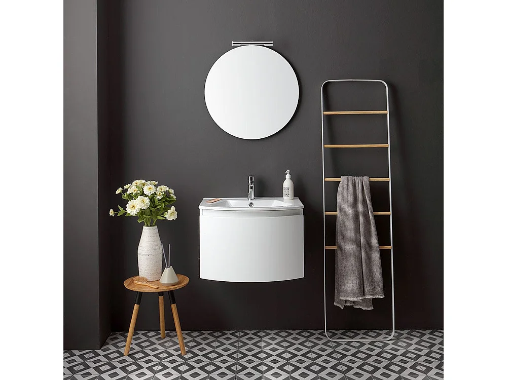 Meuble De Salle De Bain Mural De 62Cm Avec Frontal Courbe Et Miroir Rond | Riva