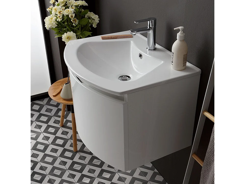 Meuble De Salle De Bain Mural De 62Cm Avec Frontal Courbe Et Miroir Rond | Riva