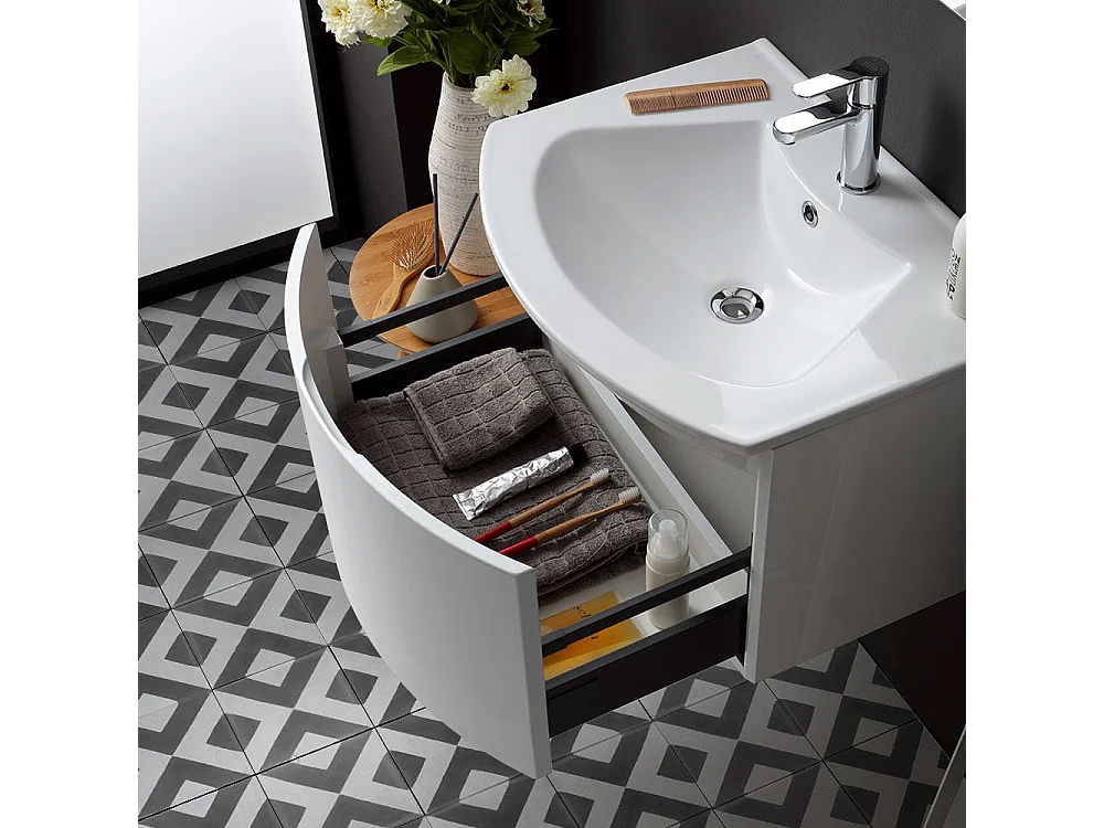 Meuble De Salle De Bain Mural De 62Cm Avec Frontal Courbe Et Miroir Rond | Riva