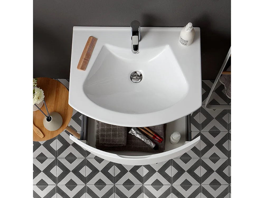Meuble De Salle De Bain Mural De 62Cm Avec Frontal Courbe Et Miroir Rond | Riva