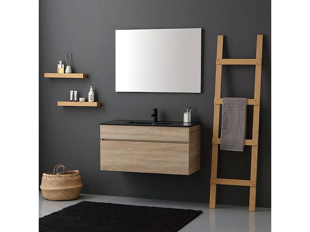 Meuble De Salle De Bain Suspendu 100Cm En Chêne Well Avec Lavabo En Noir Mat | Sole