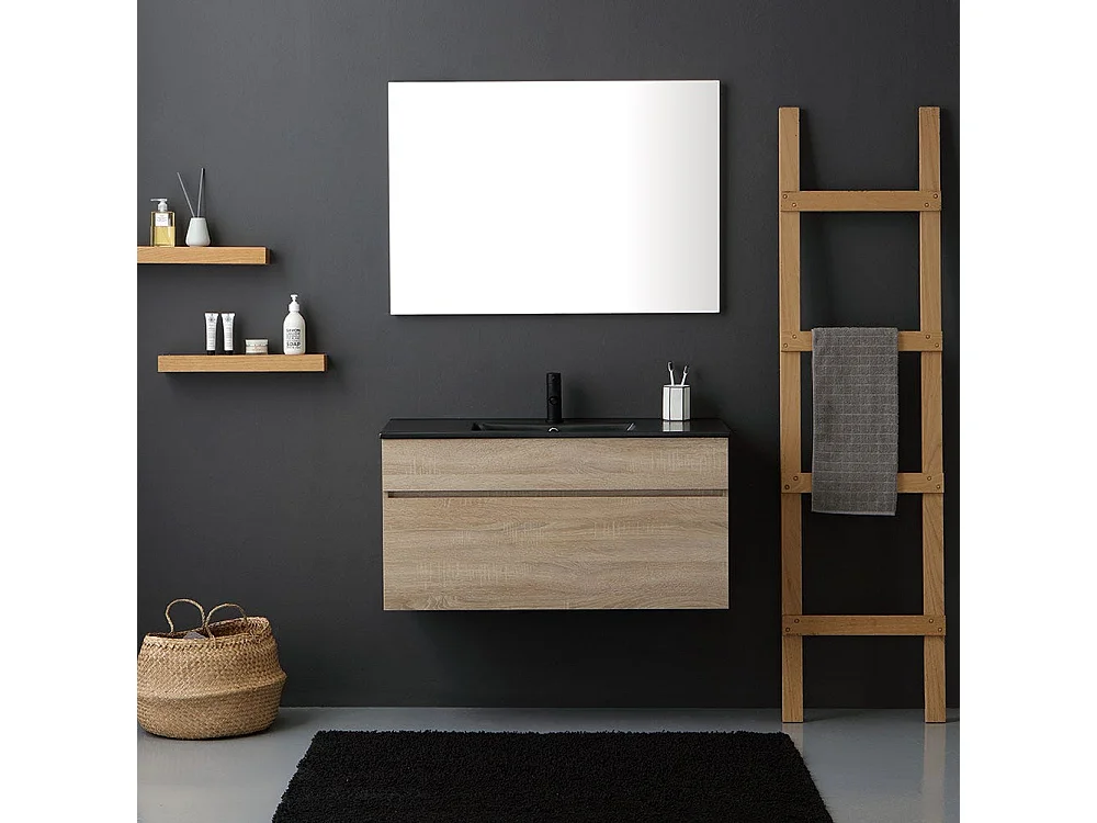 Meuble De Salle De Bain Suspendu 100Cm En Chêne Well Avec Lavabo En Noir Mat | Sole