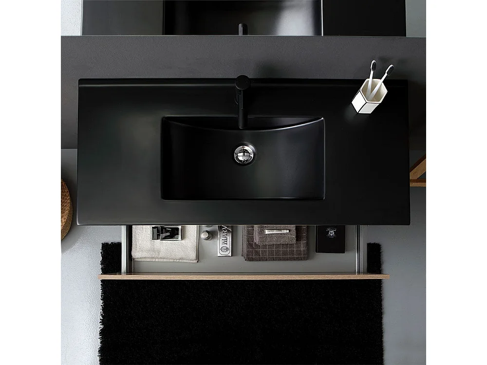 Meuble De Salle De Bain Suspendu 100Cm En Chêne Well Avec Lavabo En Noir Mat | Sole