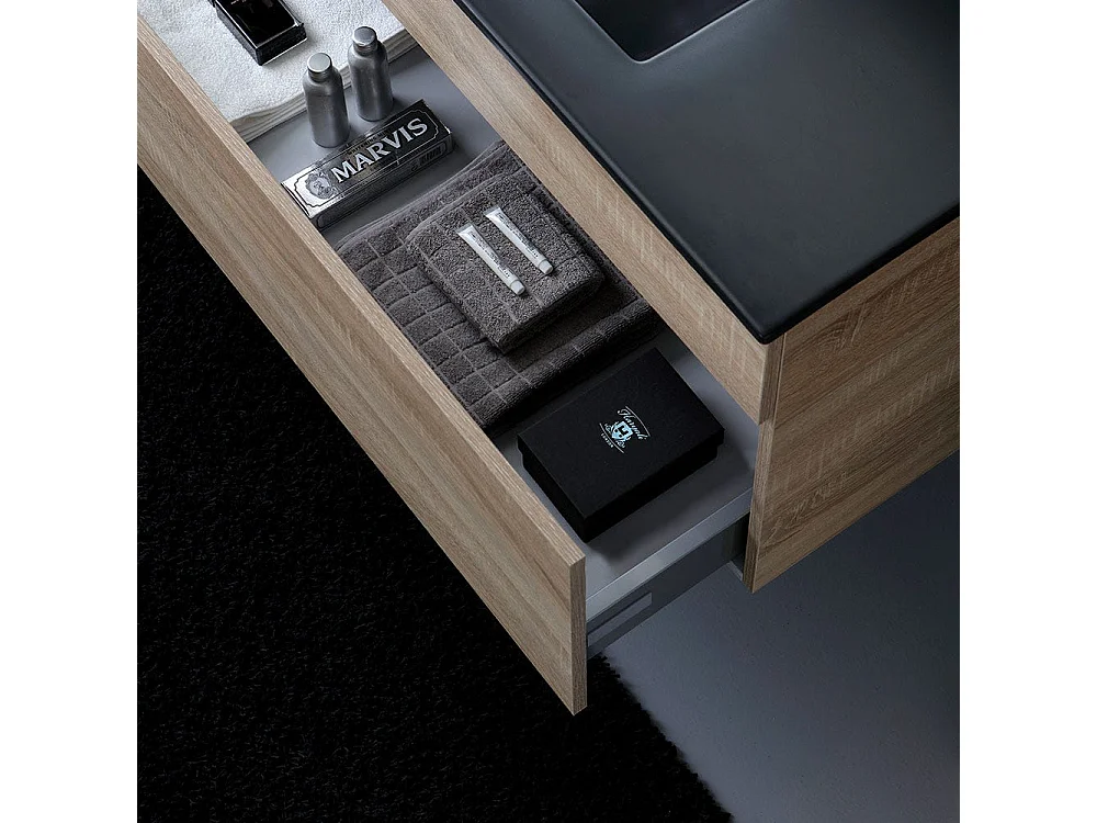 Meuble De Salle De Bain Suspendu 100Cm En Chêne Well Avec Lavabo En Noir Mat | Sole