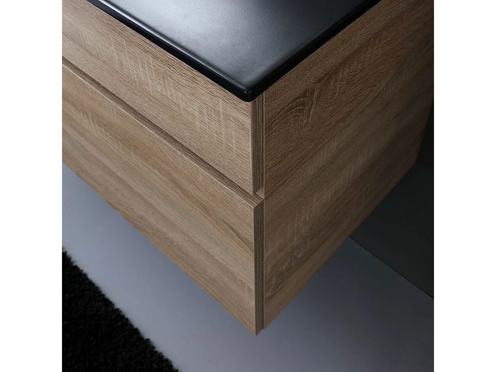 Meuble De Salle De Bain Suspendu 100Cm En Chêne Well Avec Lavabo En Noir Mat | Sole