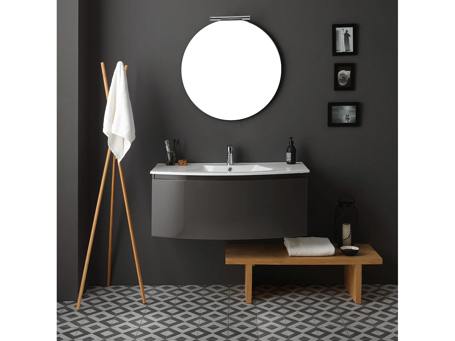 Armoire De Toilette Courbée 102 Cm Gris Ardoise Brillant Miroir Rond | Riva