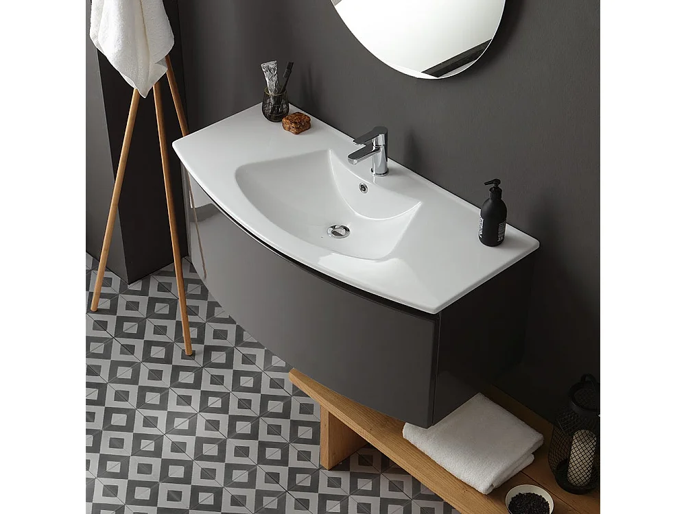 Armoire De Toilette Courbée 102 Cm Gris Ardoise Brillant Miroir Rond | Riva