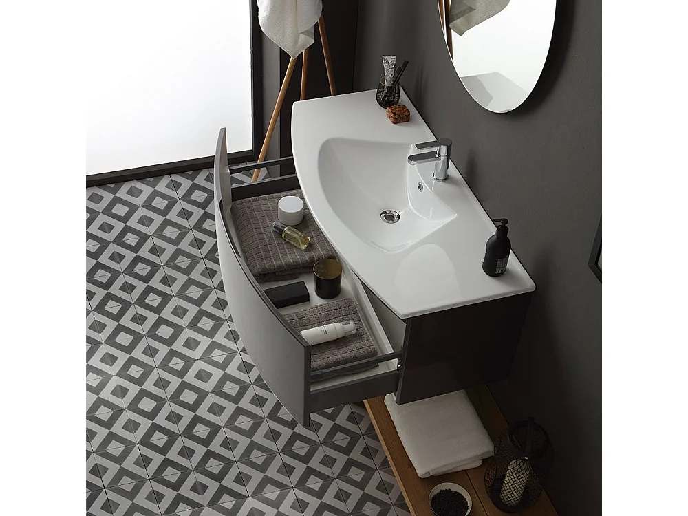 Armoire De Toilette Courbée 102 Cm Gris Ardoise Brillant Miroir Rond | Riva