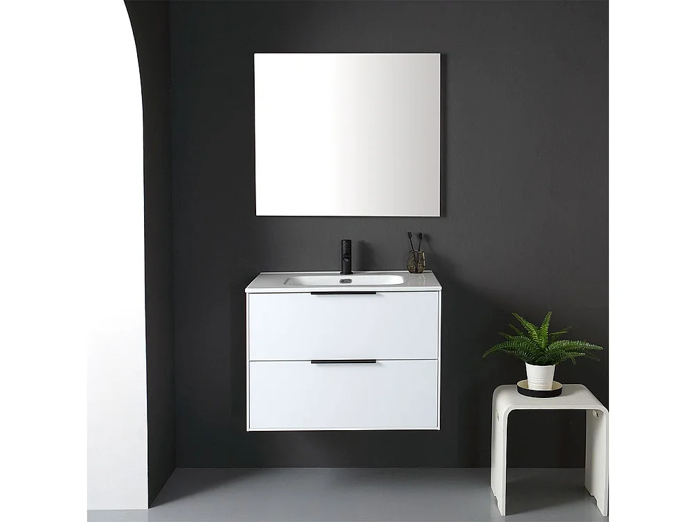 Meuble Laqué Blanc Pour Salle De Bain 75Cm Avec Miroir Sans Corniche | Parigi