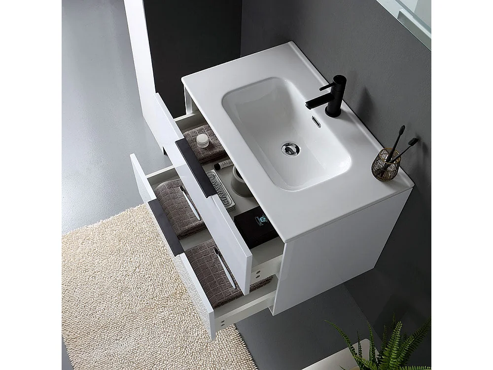 Meuble Laqué Blanc Pour Salle De Bain 75Cm Avec Miroir Sans Corniche | Parigi