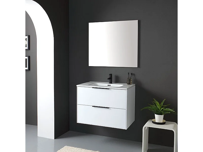 Meuble Laqué Blanc Pour Salle De Bain 75Cm Avec Miroir Sans Corniche | Parigi