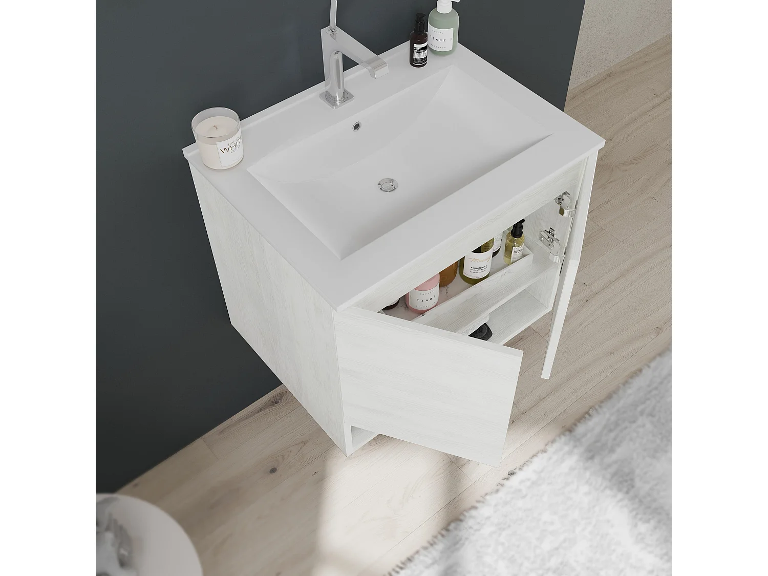 Meubles De Salle De Bains Muraux De 60 Cm Avec Portes Et Compartiment A Ouverture Blanc | Venezia