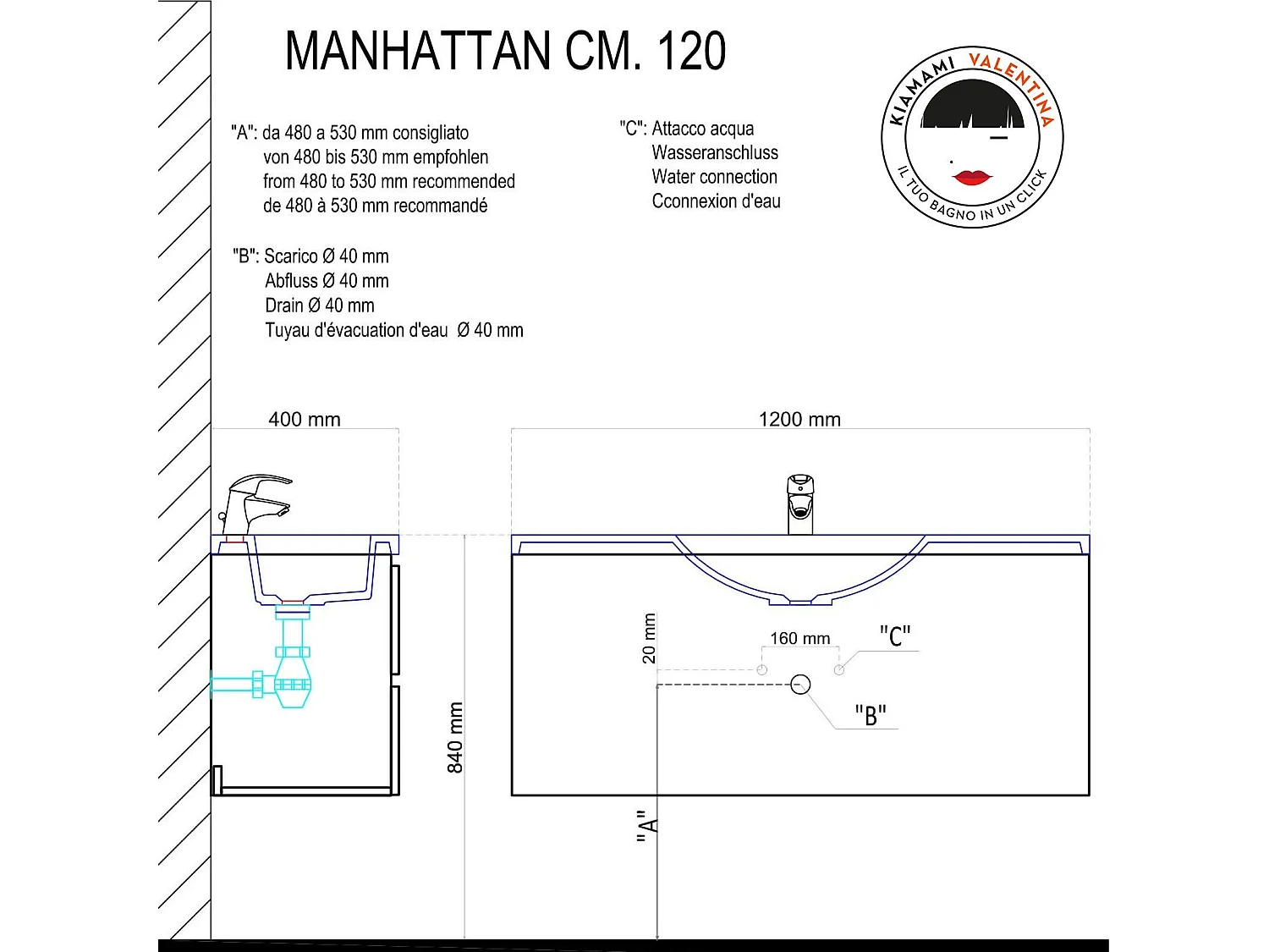 Meuble De Salle De Bains Avec Tiroirs De 120 Cm | Manhattan