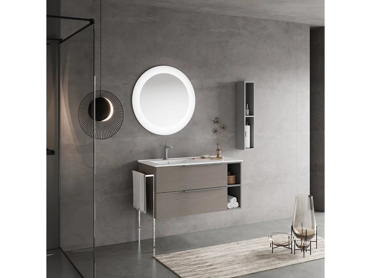 Meuble De Salle De Bains Mural 100Cm Tiroirs En Frêne Et Compartiment Ouvert | New York