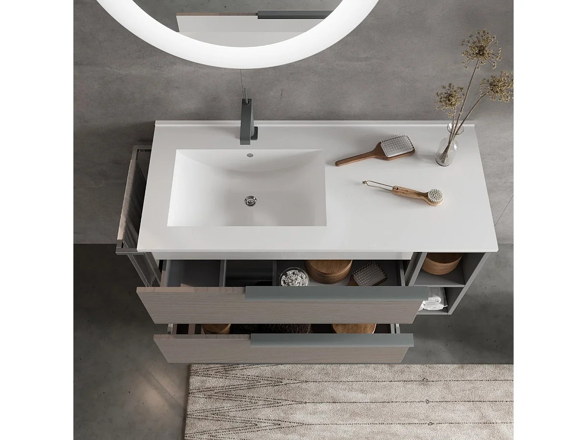 Meuble De Salle De Bains Mural 100Cm Tiroirs En Frêne Et Compartiment Ouvert | New York