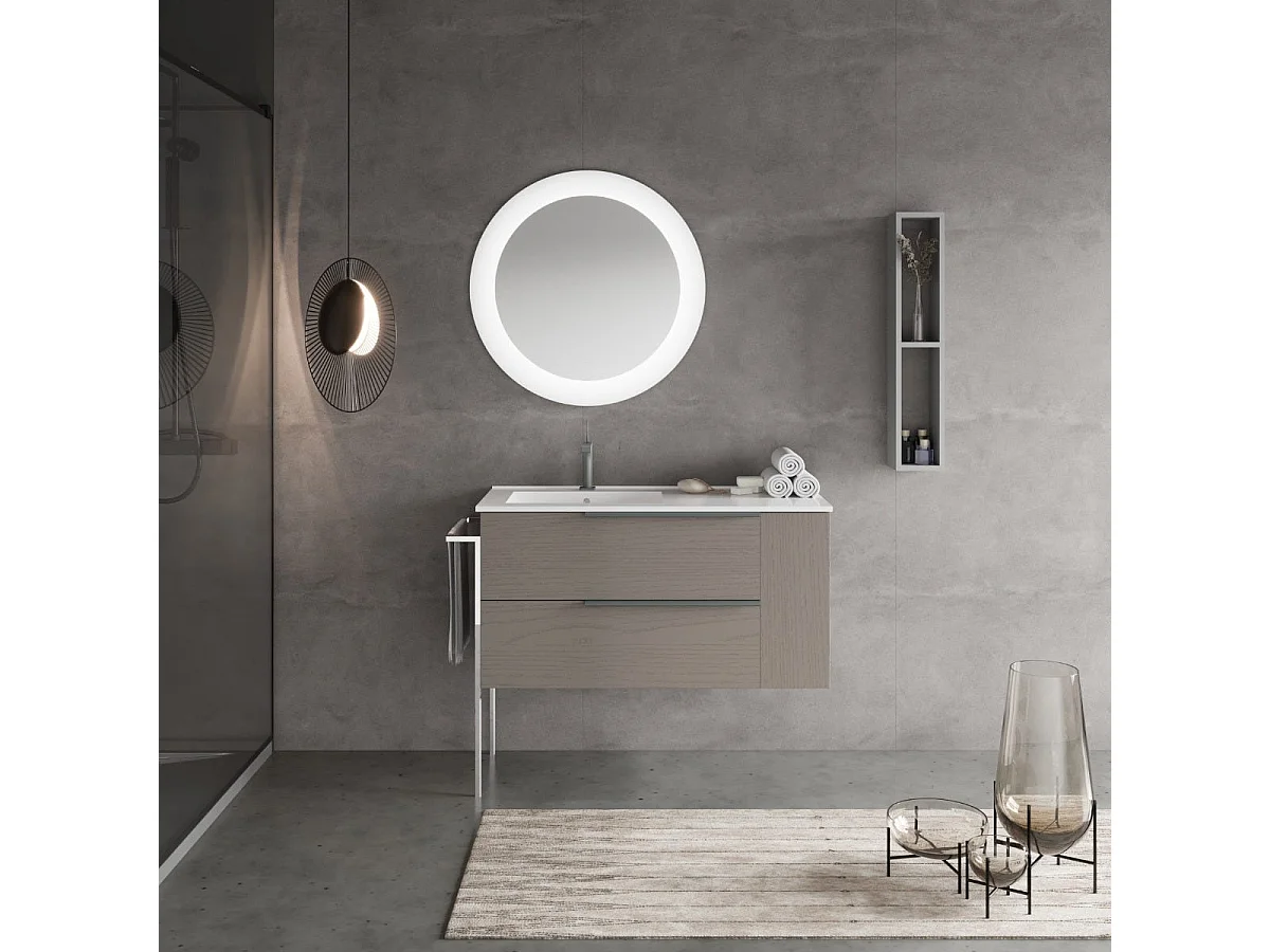 Meuble De Salle De Bain Mural 100Cm Gris Cendre Tiroirs Compartiment Latéral | New York