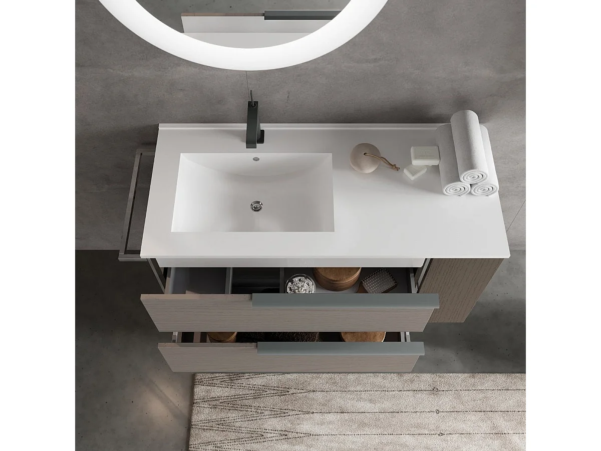 Meuble De Salle De Bain Mural 100Cm Gris Cendre Tiroirs Compartiment Latéral | New York