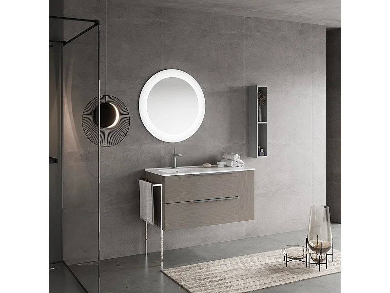 Meuble De Salle De Bain Mural 100Cm Gris Cendre Tiroirs Compartiment Latéral | New York