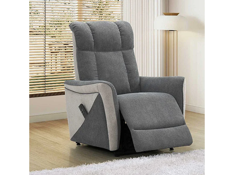 Fauteuil relax électrique releveur bi-moteur tissu velours bicolore gris spécial grande taille - MELIG