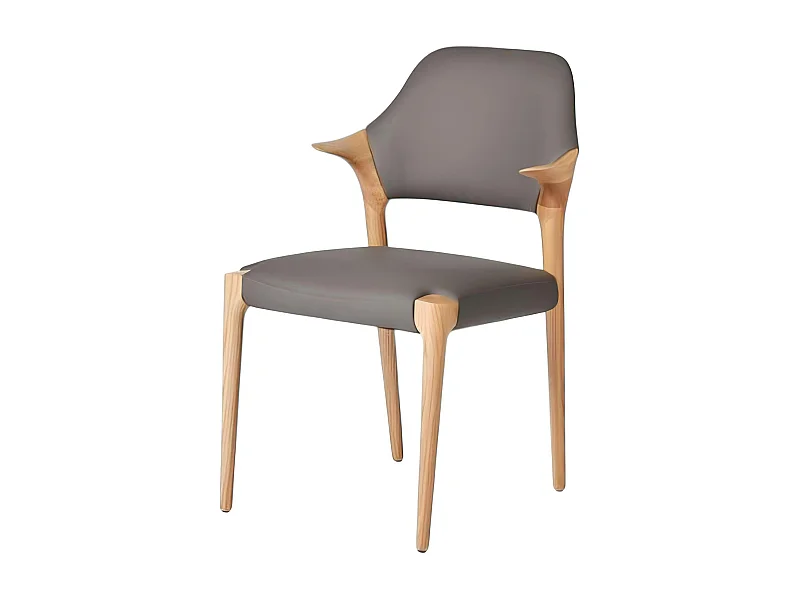 Chaise en cuir gris foncé design, accoudoirs bois clair ALDER