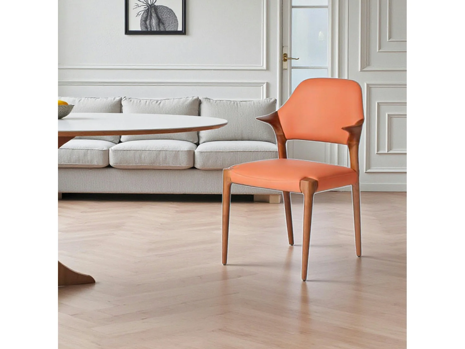 Chaise en cuir rouille design, accoudoirs bois brun ALDER