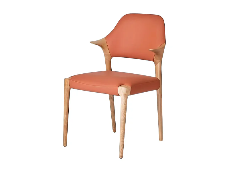 Chaise en cuir rouille design, accoudoirs bois clair ALDER