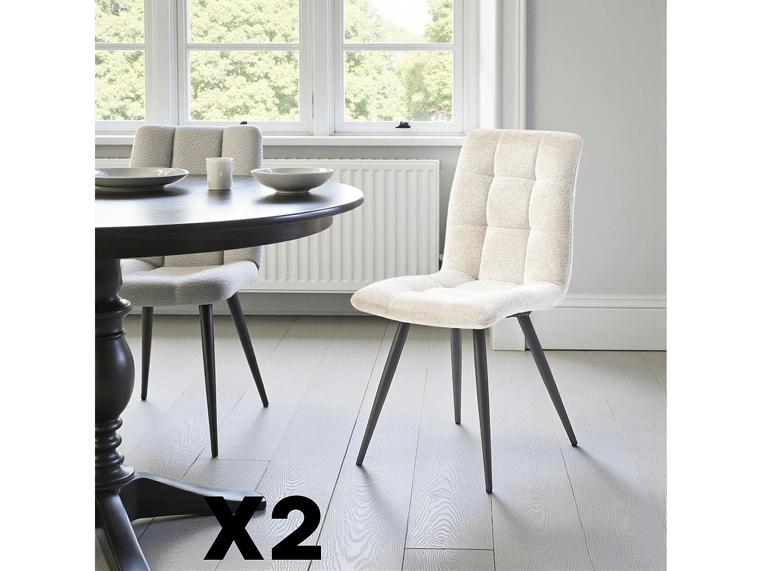 Chaise en tissu écru motif damier (lot de 2) LOMBARDIE