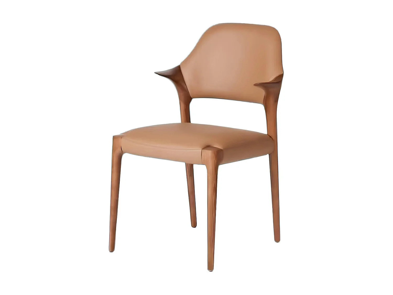 Chaise en cuir marron design, accoudoirs bois brun ALDER