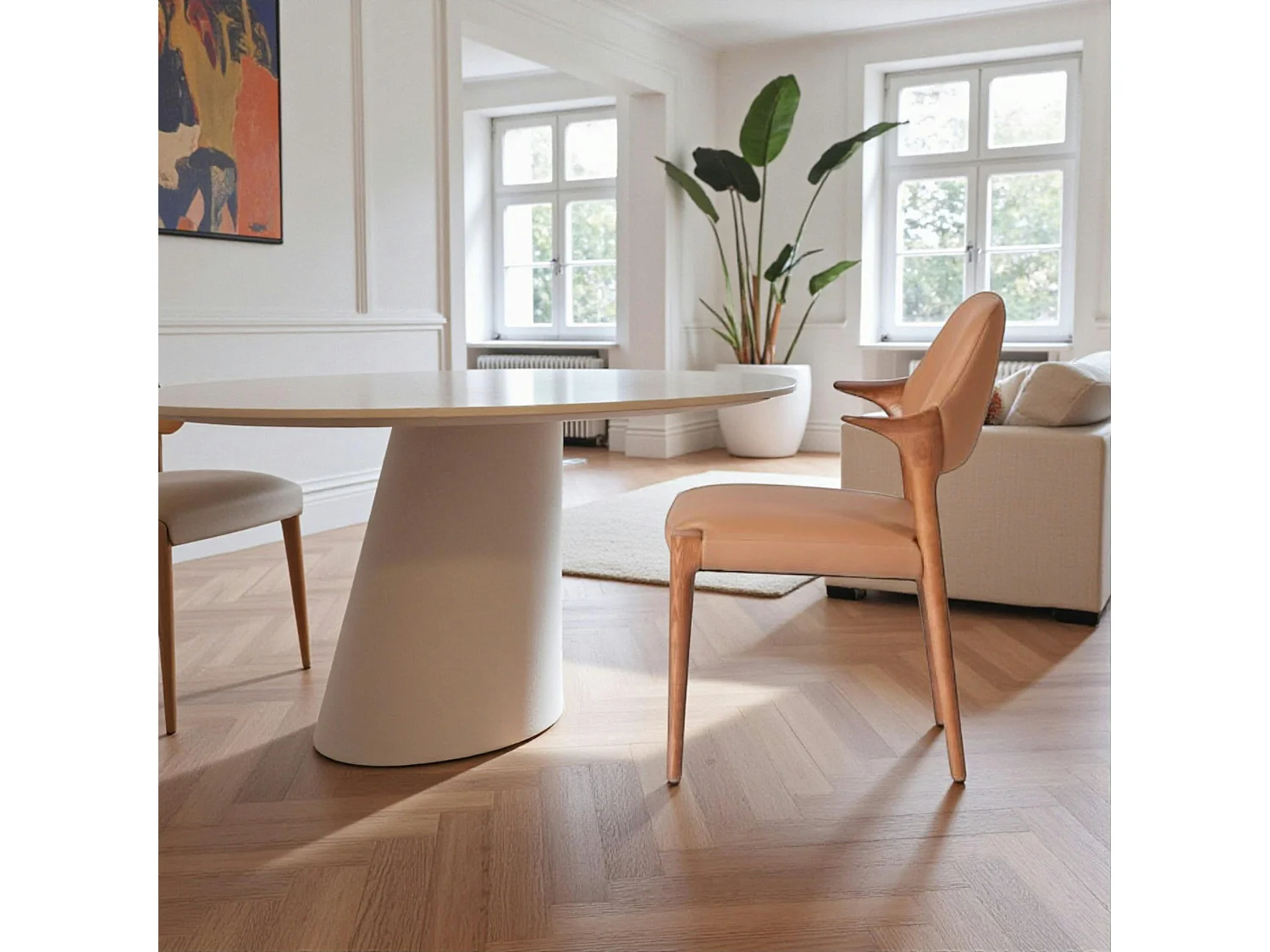 Chaise en cuir marron design, accoudoirs bois brun ALDER