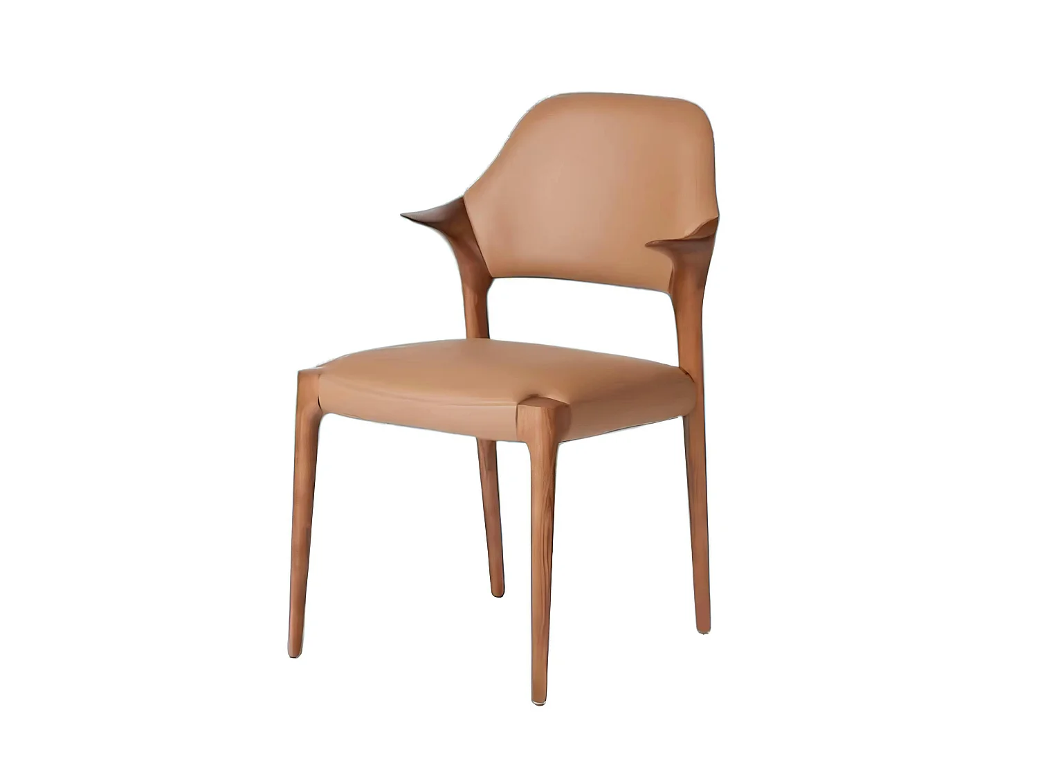 Chaise en cuir marron design, accoudoirs bois brun ALDER