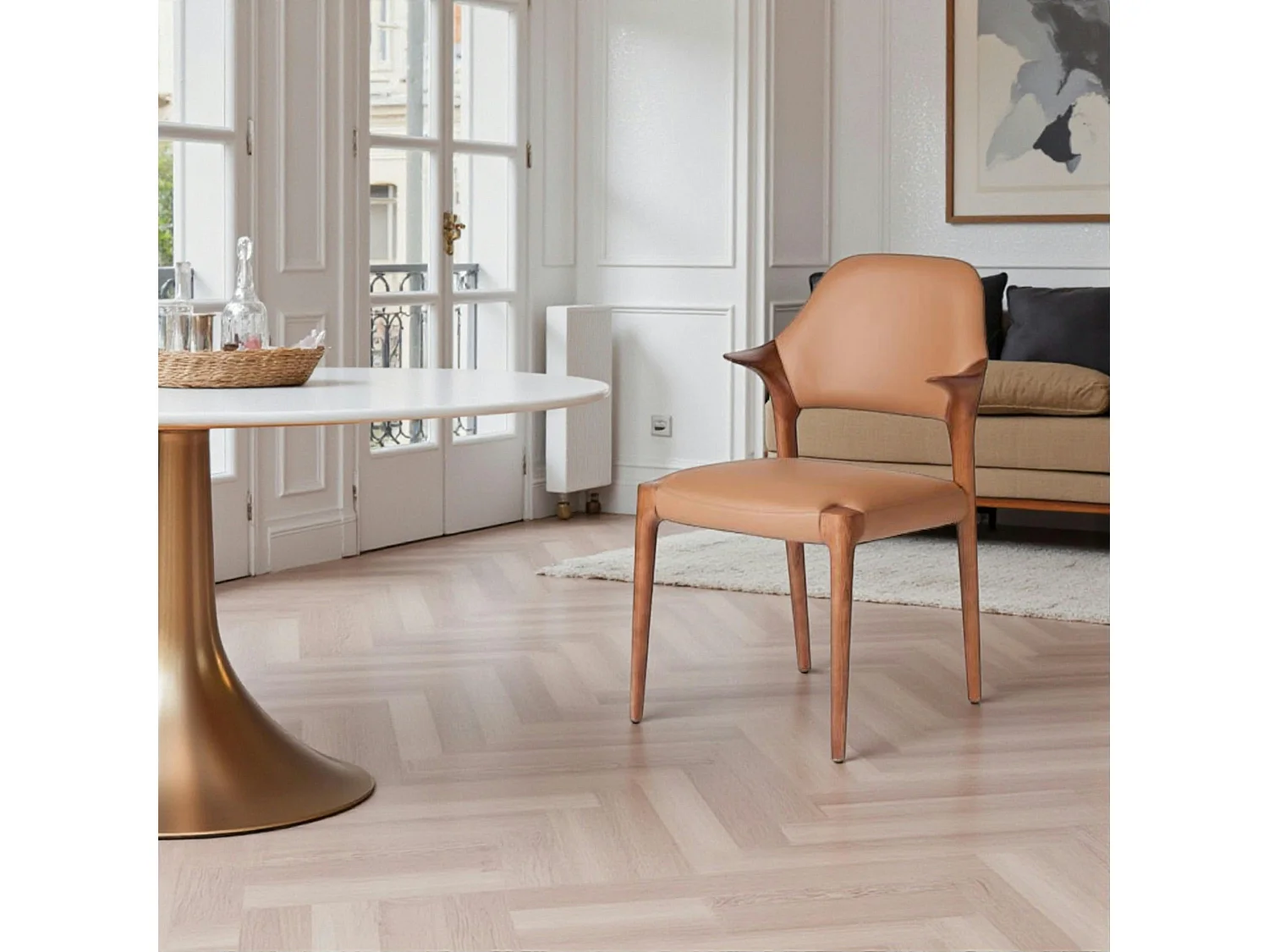 Chaise en cuir marron design, accoudoirs bois brun ALDER