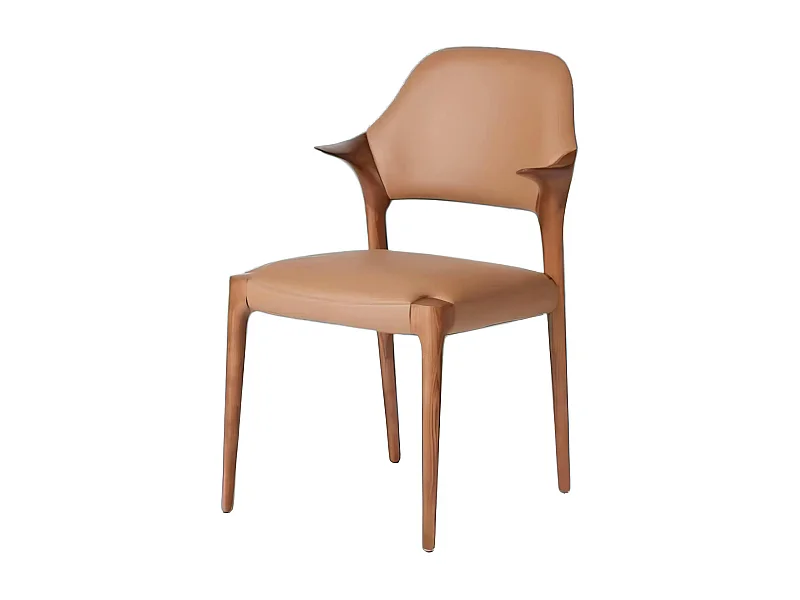 Chaise en cuir marron design, accoudoirs bois brun ALDER