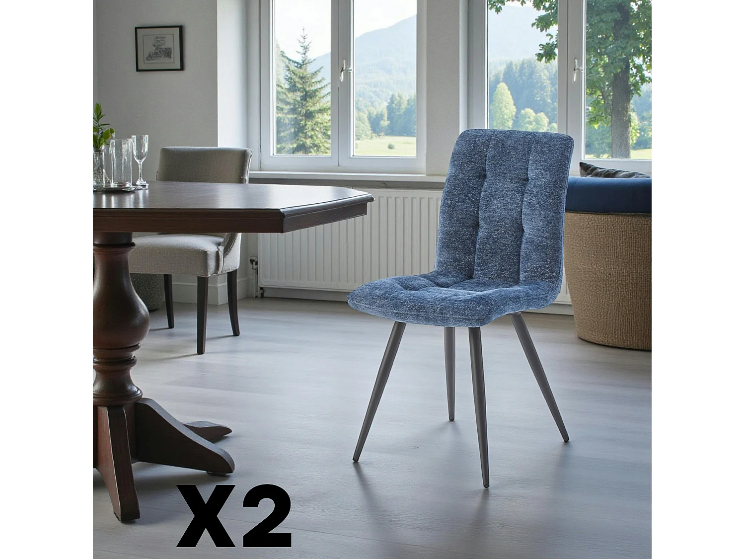 Chaise en tissu bleu motif damier (lot de 2) LOMBARDIE