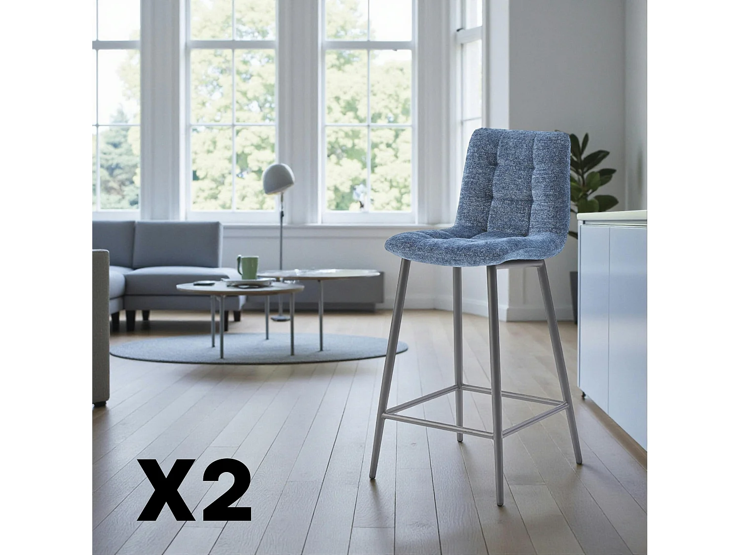 Chaise de bar bleue motif damier (lot de 2) LOMBARDIE