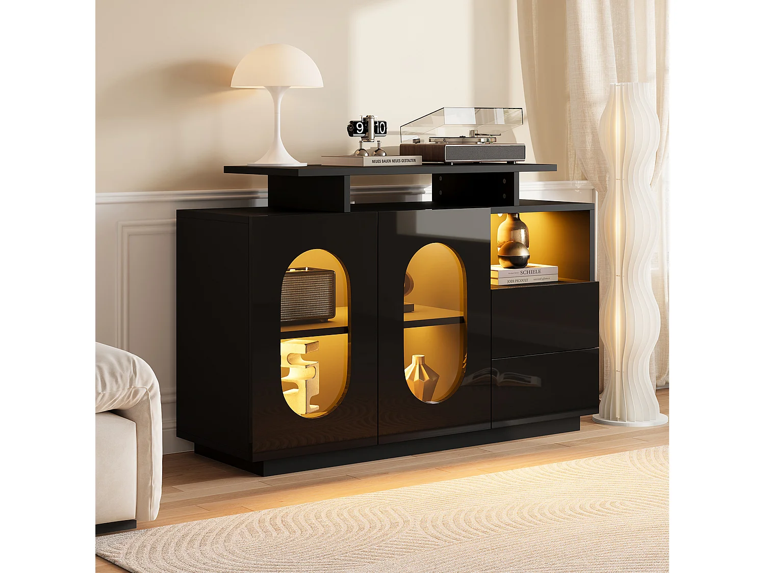 Buffet laquée brillante - 120 x 40 x 80 cm - avec portes ovales en verre + Leds + 2 tiroirs - bois - noir