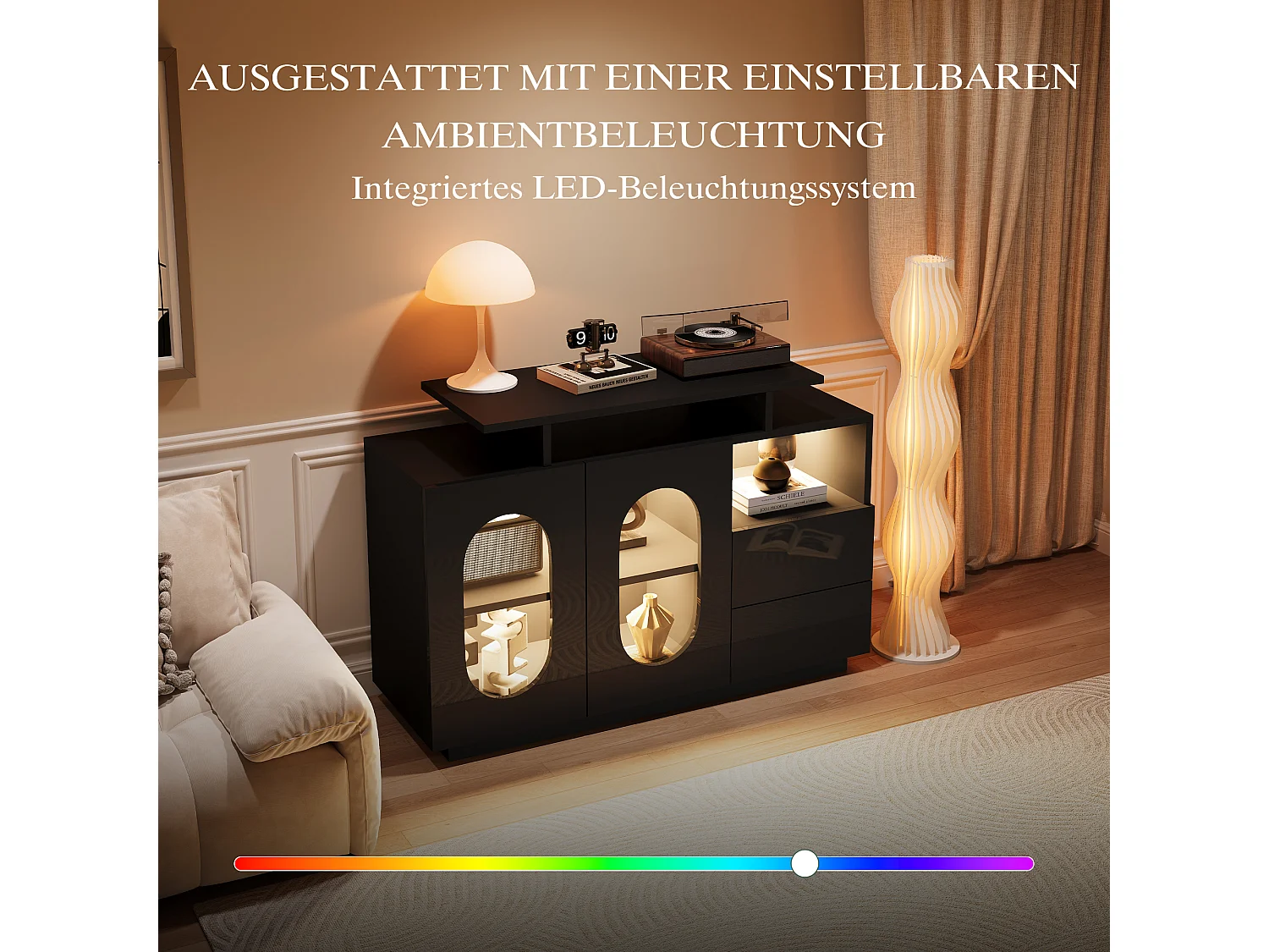 Buffet laquée brillante - 120 x 40 x 80 cm - avec portes ovales en verre + Leds + 2 tiroirs - bois - noir