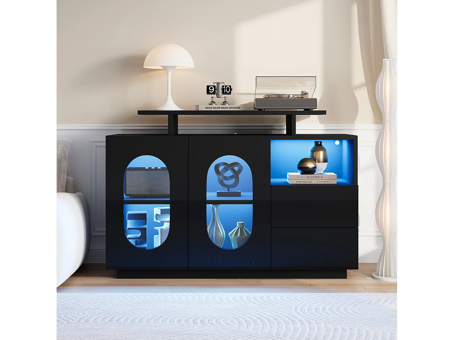 Buffet laquée brillante - 120 x 40 x 80 cm - avec portes ovales en verre + Leds + 2 tiroirs - bois - noir