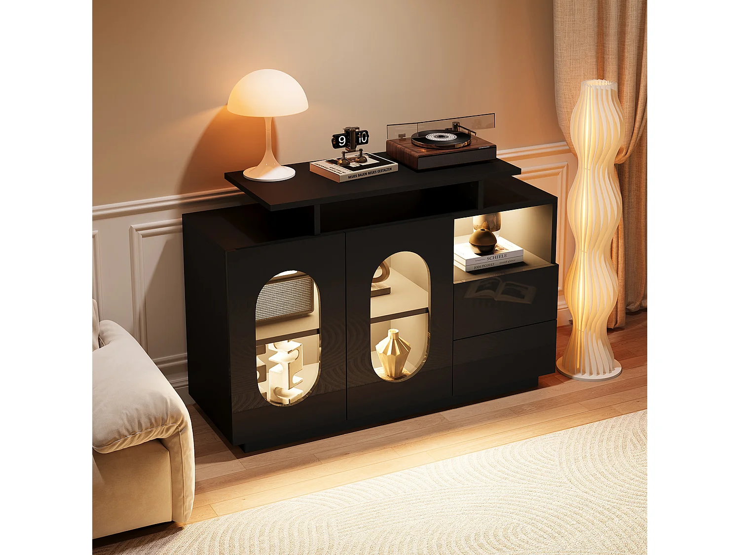Buffet laquée brillante - 120 x 40 x 80 cm - avec portes ovales en verre + Leds + 2 tiroirs - bois - noir