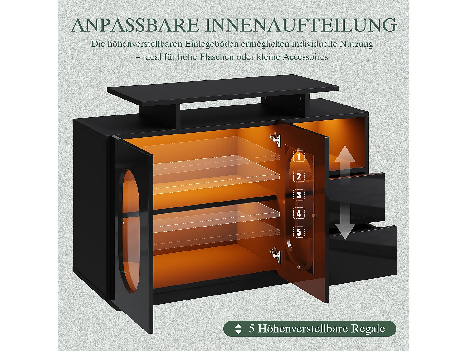 Buffet laquée brillante - 120 x 40 x 80 cm - avec portes ovales en verre + Leds + 2 tiroirs - bois - noir