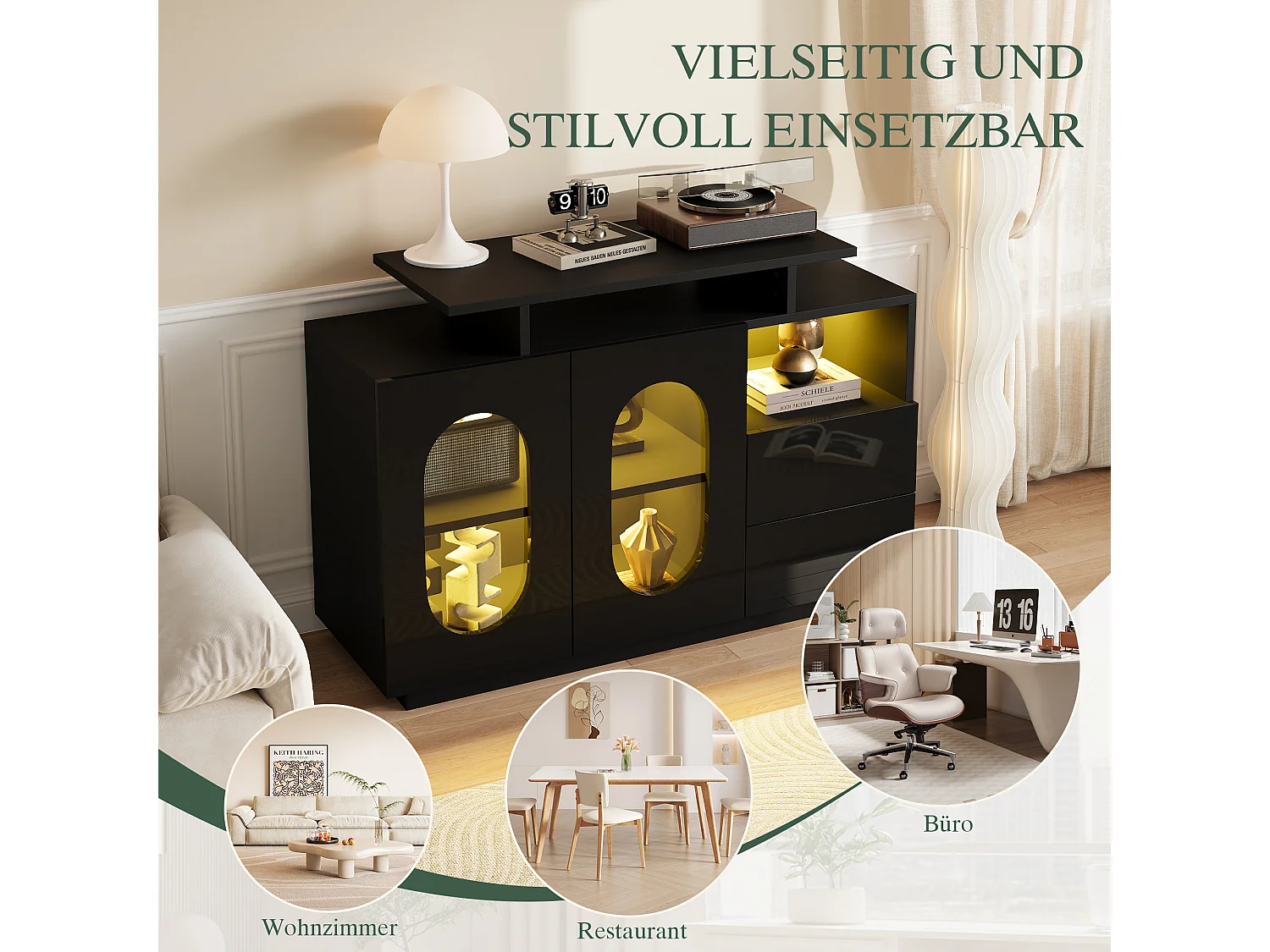 Buffet laquée brillante - 120 x 40 x 80 cm - avec portes ovales en verre + Leds + 2 tiroirs - bois - noir