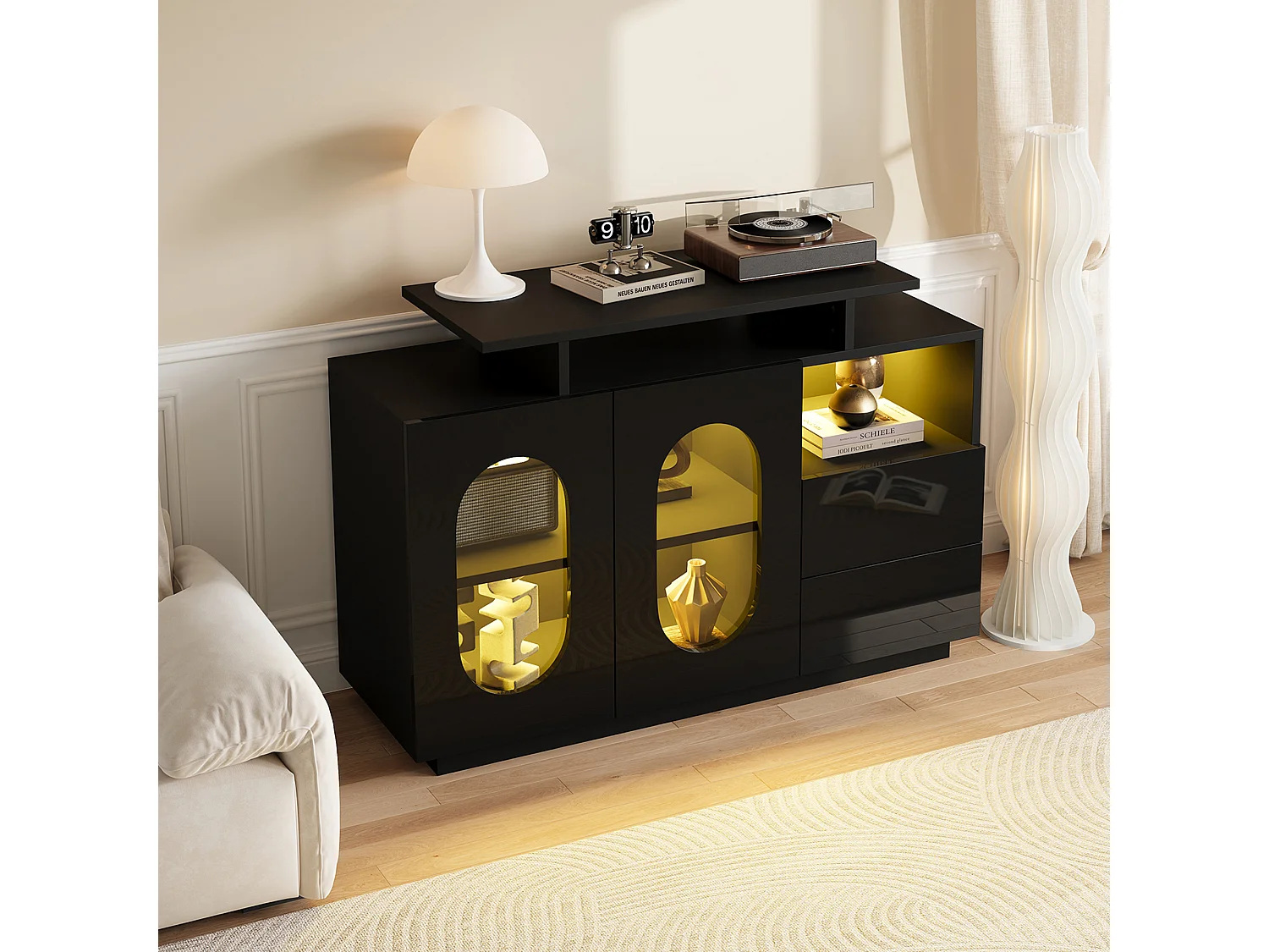 Buffet laquée brillante - 120 x 40 x 80 cm - avec portes ovales en verre + Leds + 2 tiroirs - bois - noir