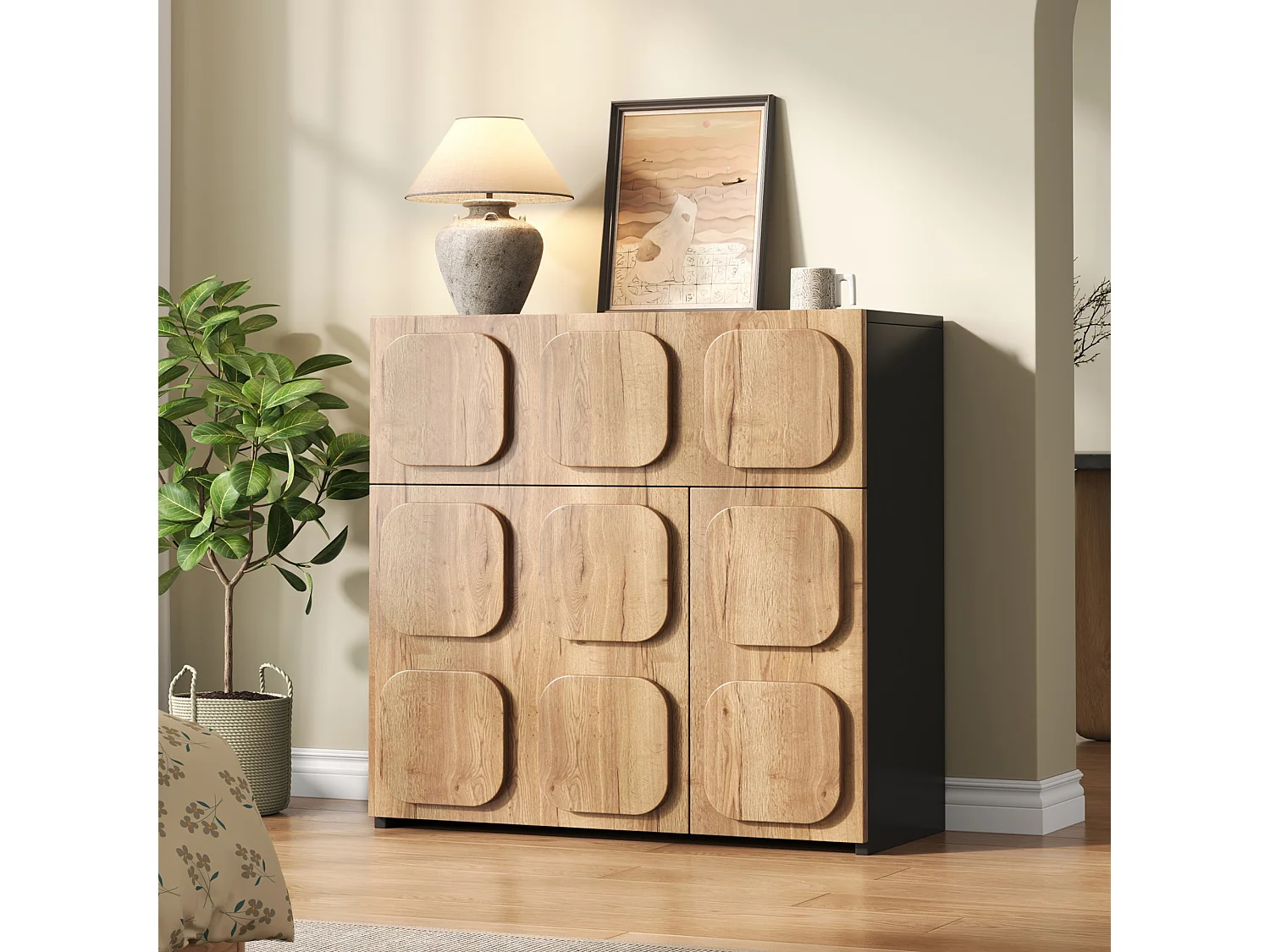 Buffet vintage avec structure en bois - 79.6 x 34.8 x 81.5 cm - avec 3 portes - pour salon - bois - naturel