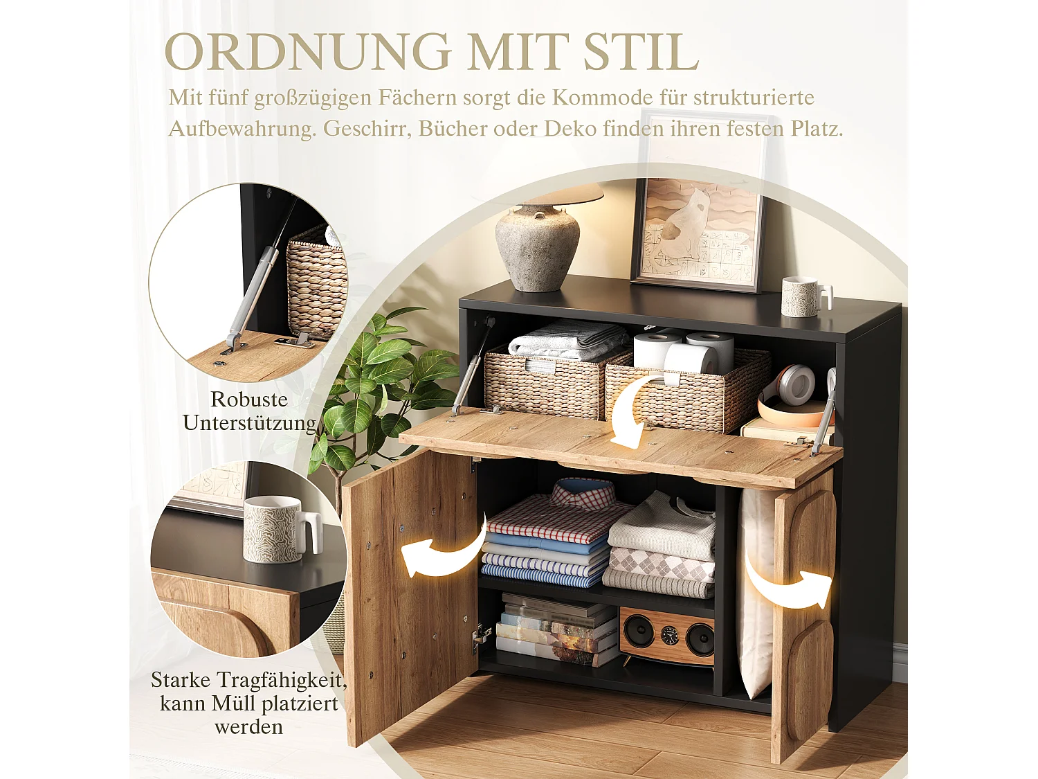 Buffet vintage avec structure en bois - 79.6 x 34.8 x 81.5 cm - avec 3 portes - pour salon - bois - naturel