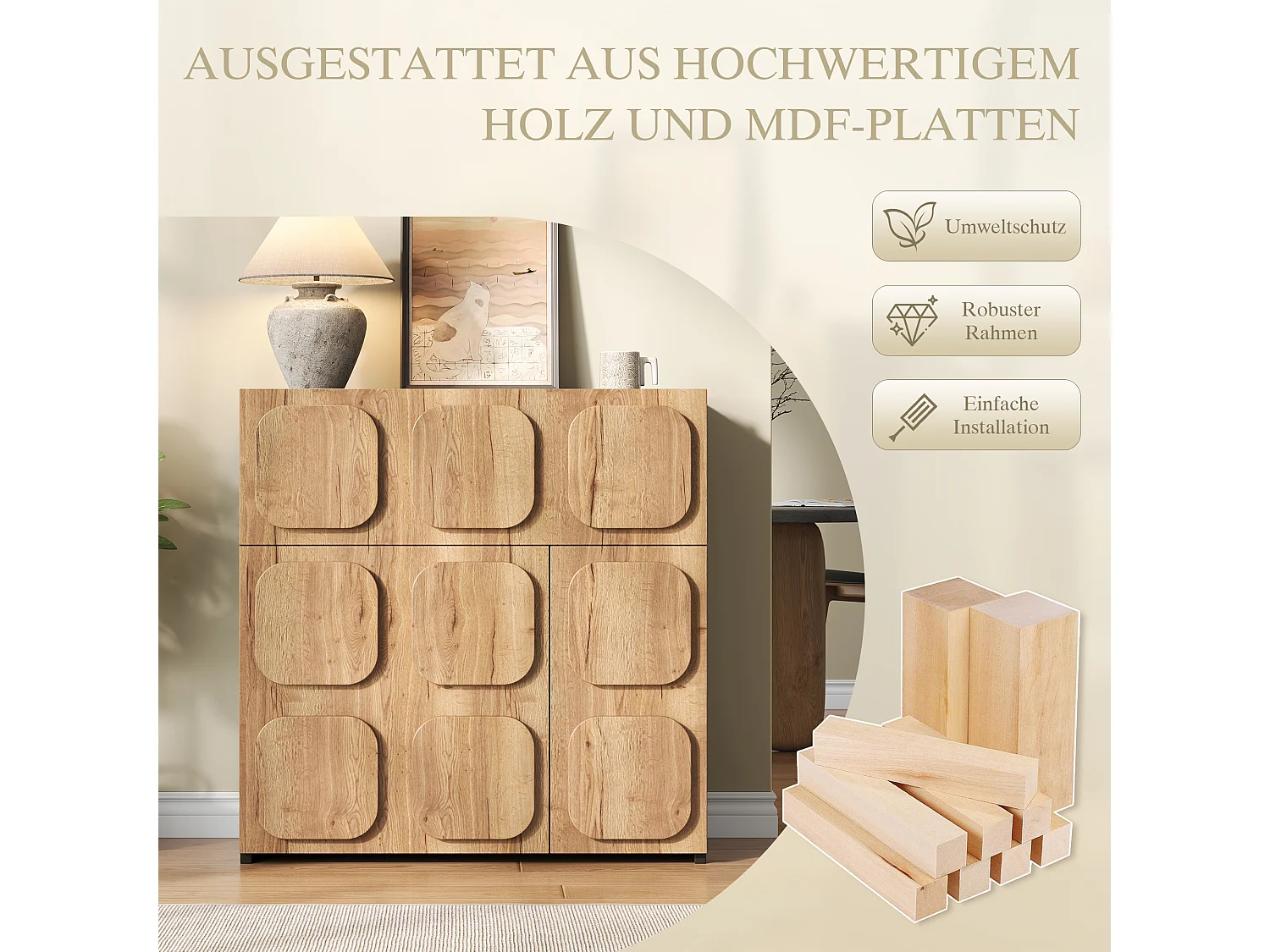 Buffet vintage avec structure en bois - 79.6 x 34.8 x 81.5 cm - avec 3 portes - pour salon - bois - naturel