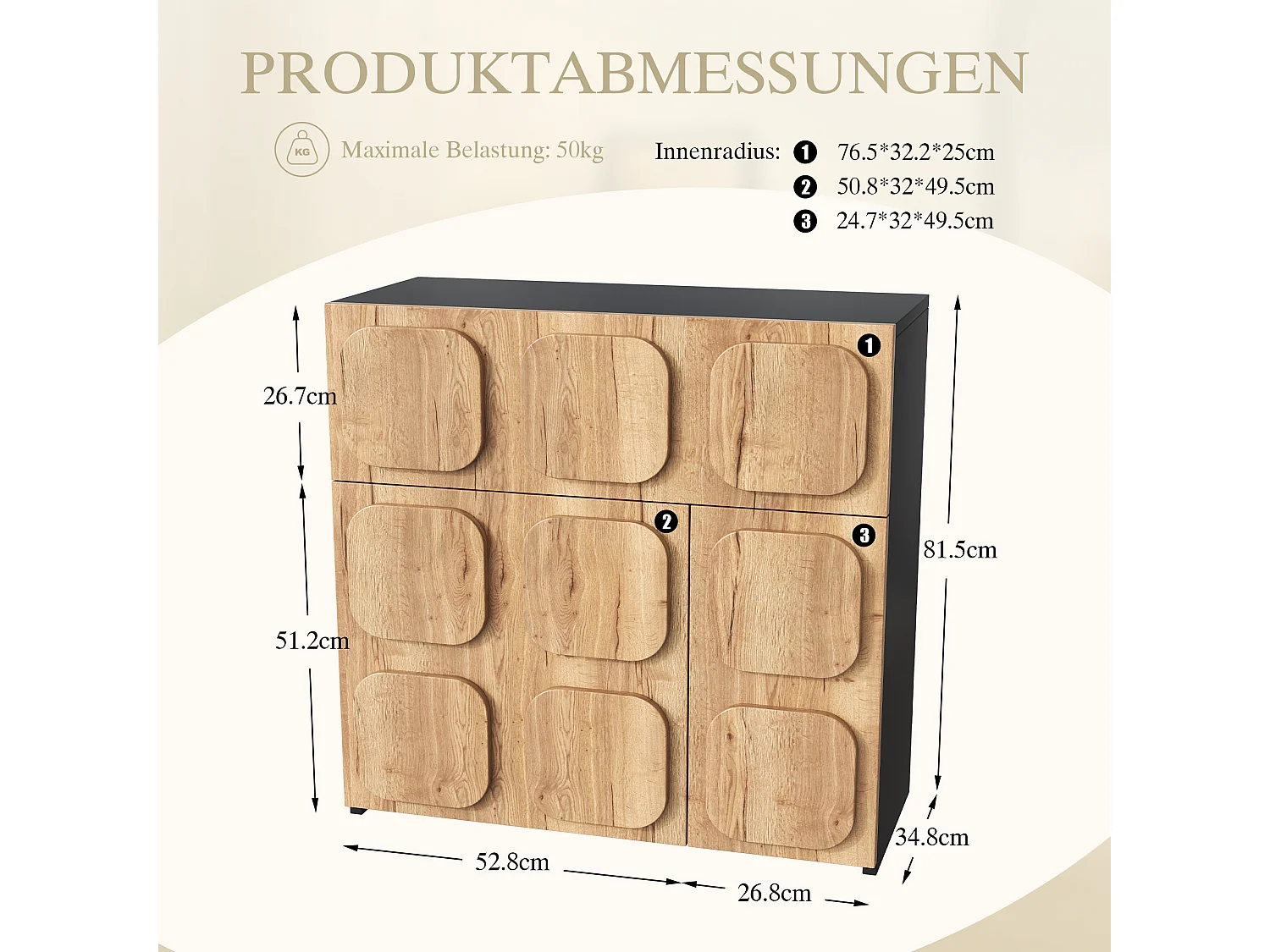 Aparador vintage con estructura de madera - 79,6 x 34,8 x 81,5 cm - con 3 puertas - para salón - madera - natural